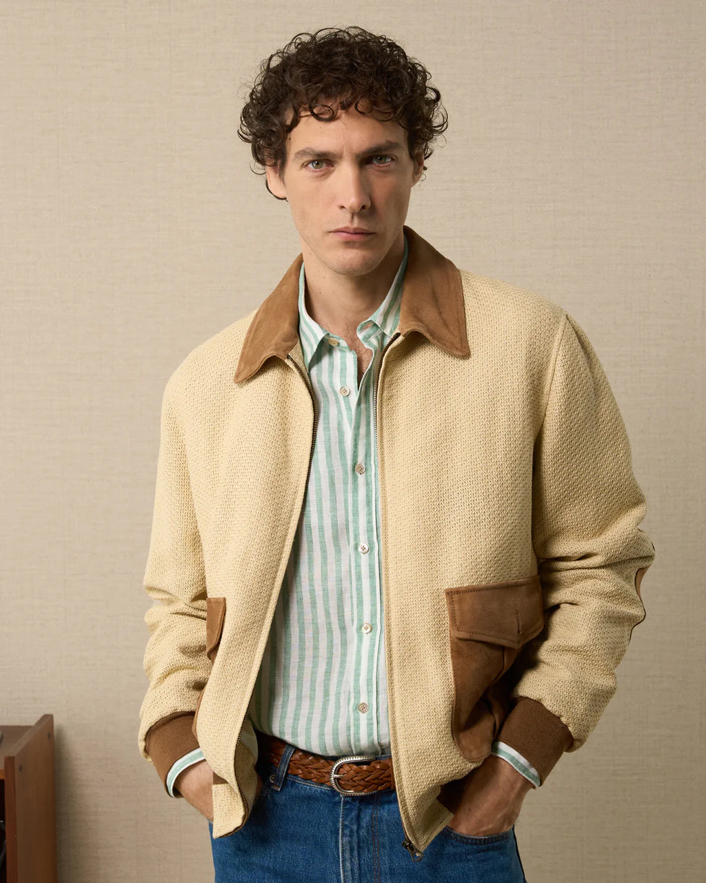 Mens Cream Cotton With Suede Contrast Trucker Jacket