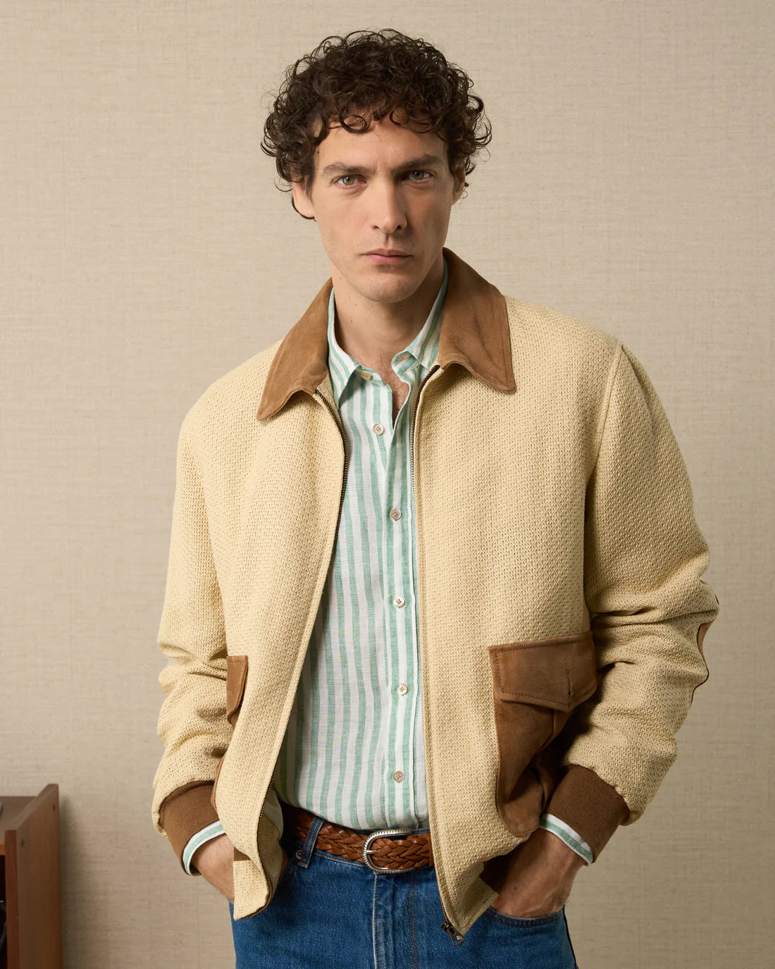 Mens Cream Cotton With Suede Contrast Trucker Jacket