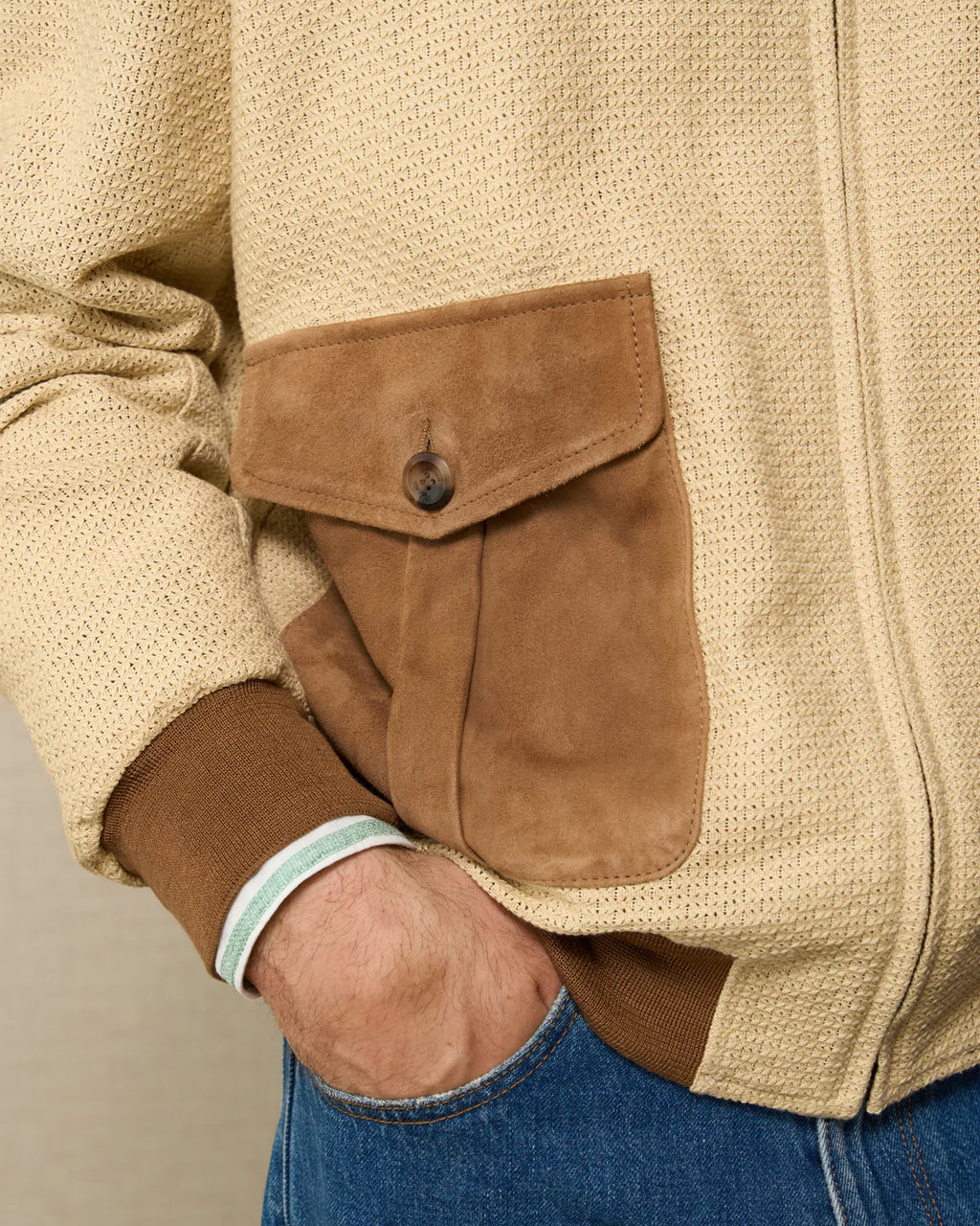 Mens Cream Cotton With Suede Contrast Trucker Jacket