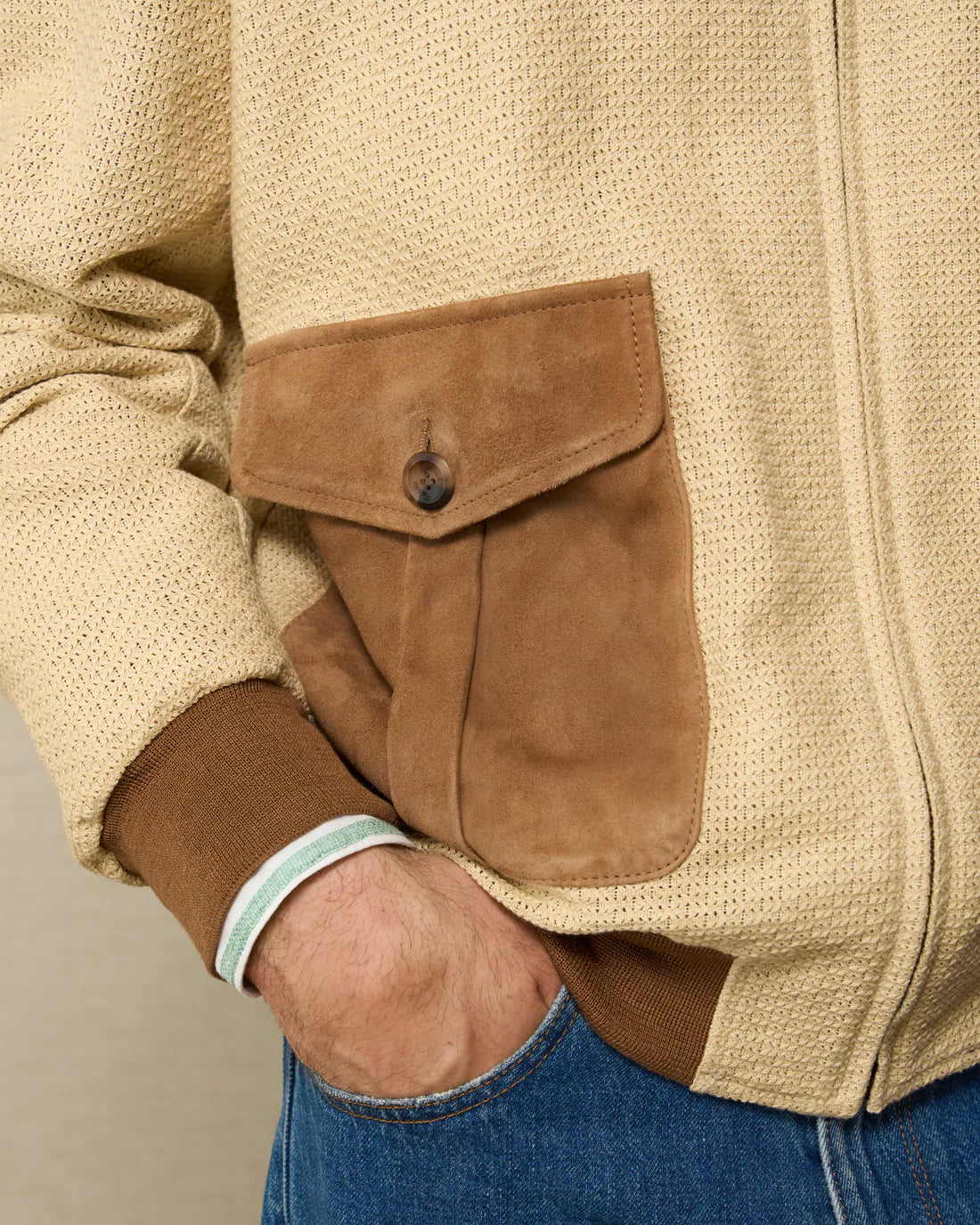 Mens Cream Cotton With Suede Contrast Trucker Jacket