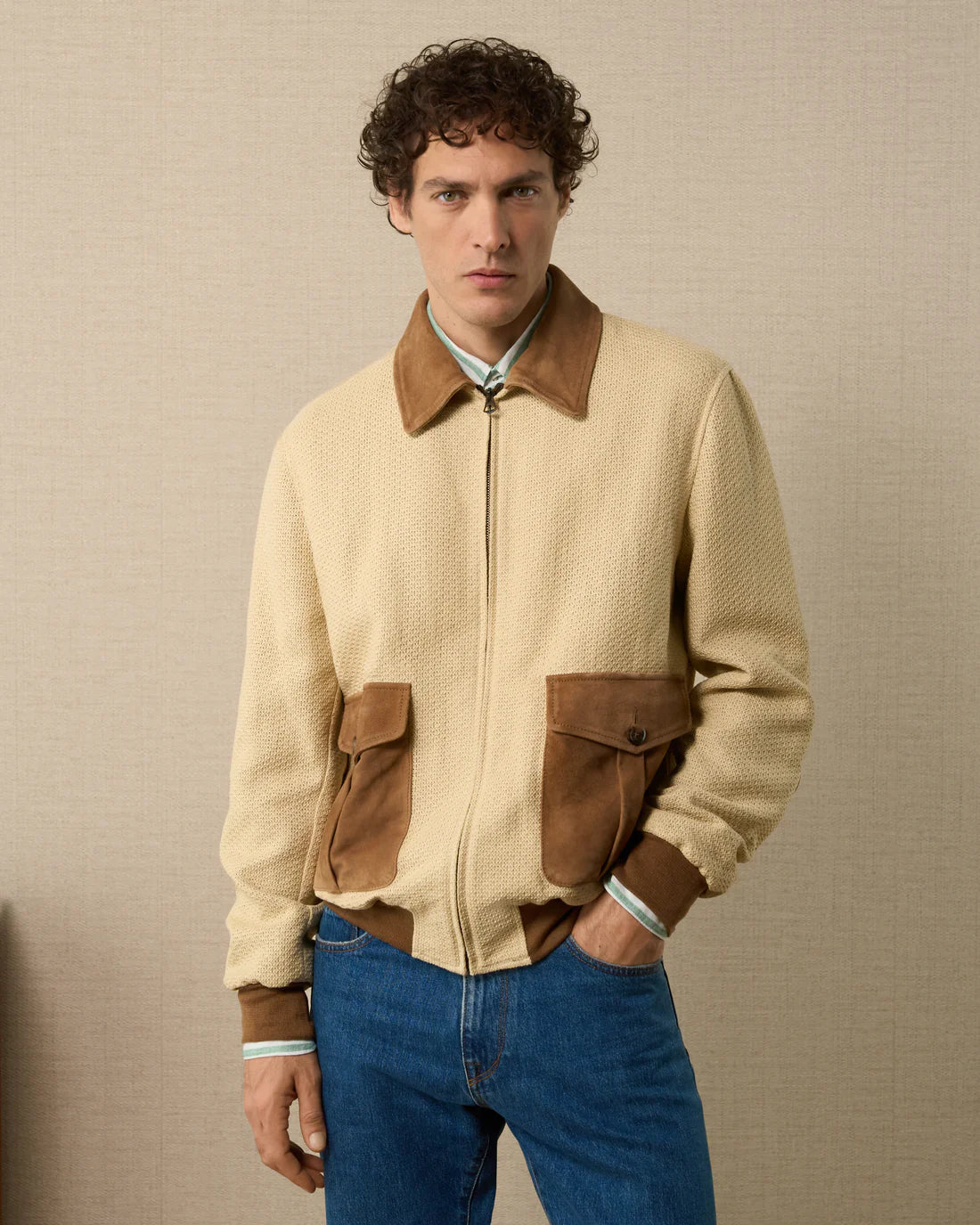 Mens Cream Cotton With Suede Contrast Trucker Jacket