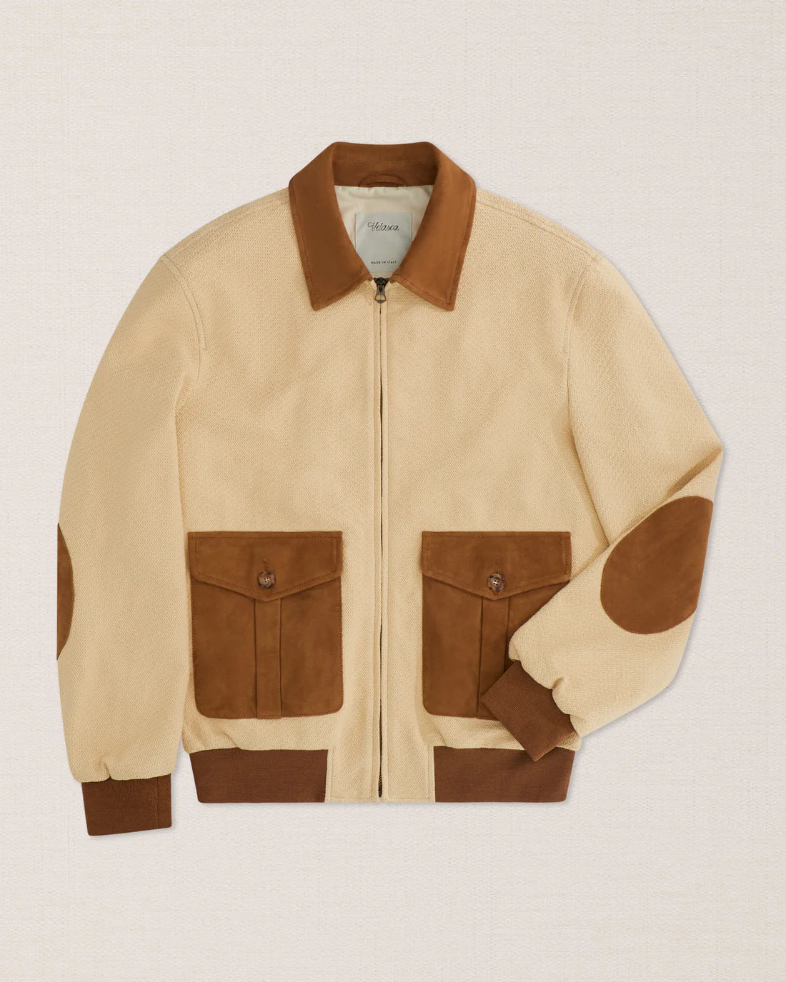 Mens Cream Cotton With Suede Contrast Trucker Jacket