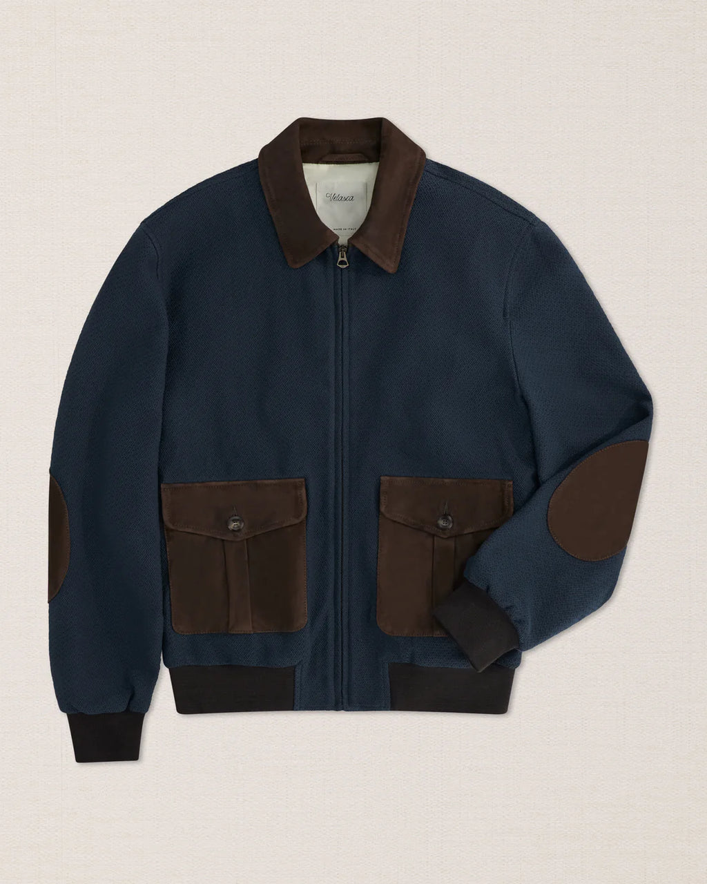 Mens Navy Blue With Brown Vingola Leather Trucker jacket