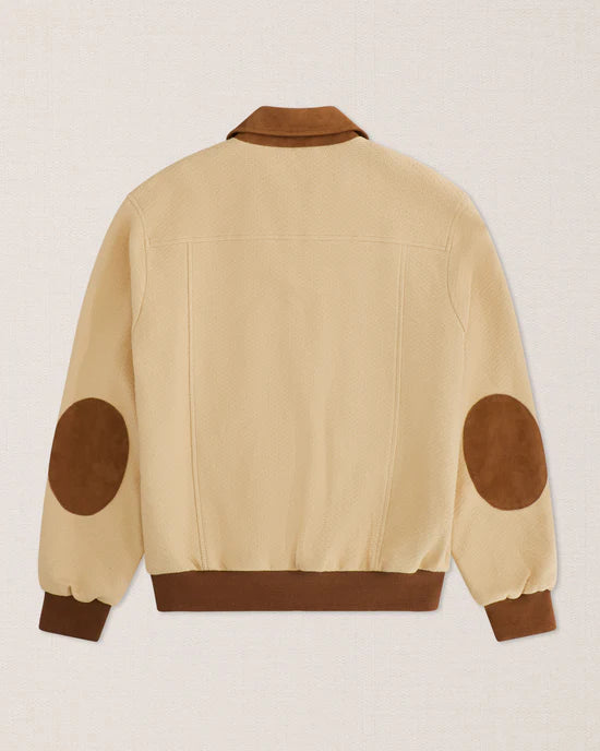 Mens Cream Cotton With Suede Contrast Trucker Jacket