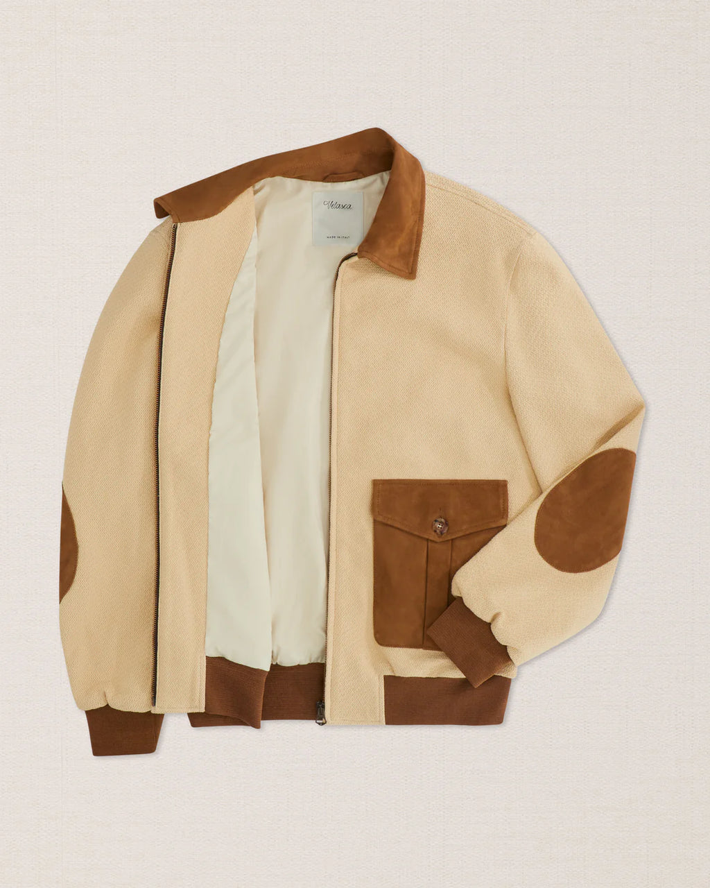 Mens Cream Cotton With Suede Contrast Trucker Jacket