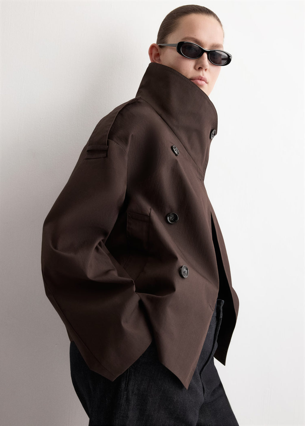 Funnel-neck cropped Cotton trench coat