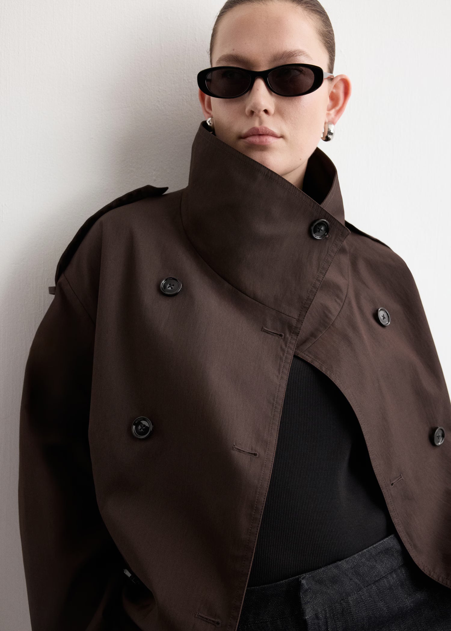 Funnel-neck cropped Cotton trench coat