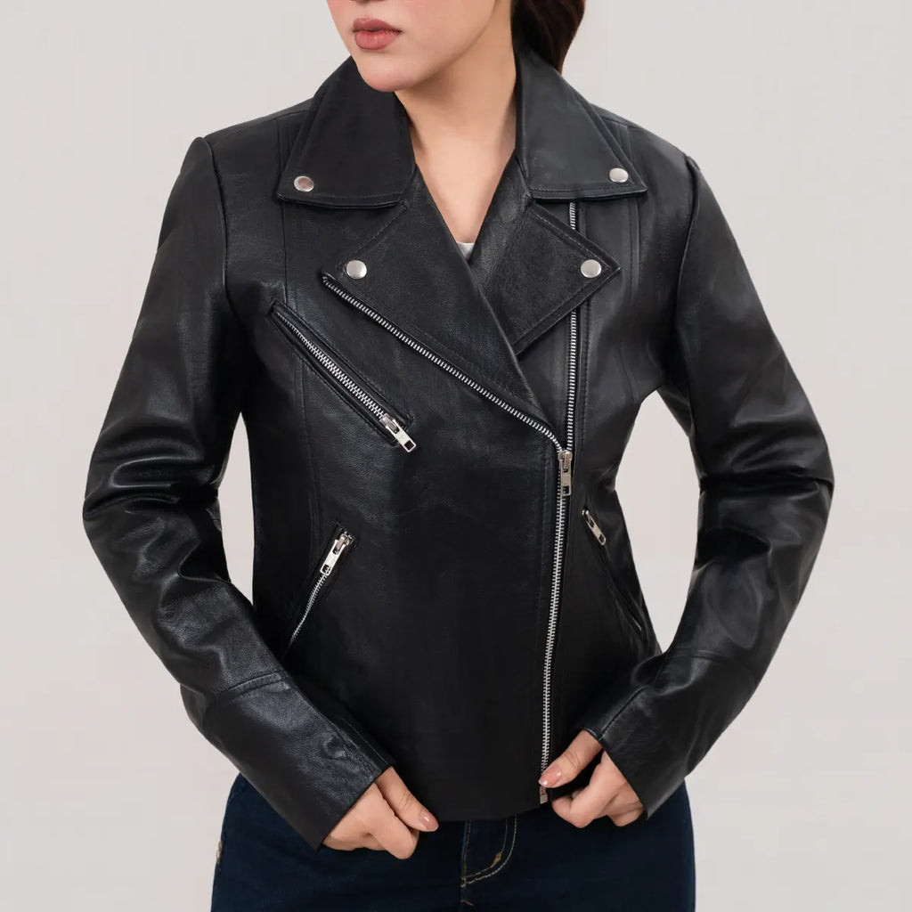 Erika Women’s Black Double Rider Biker Leather Jacket