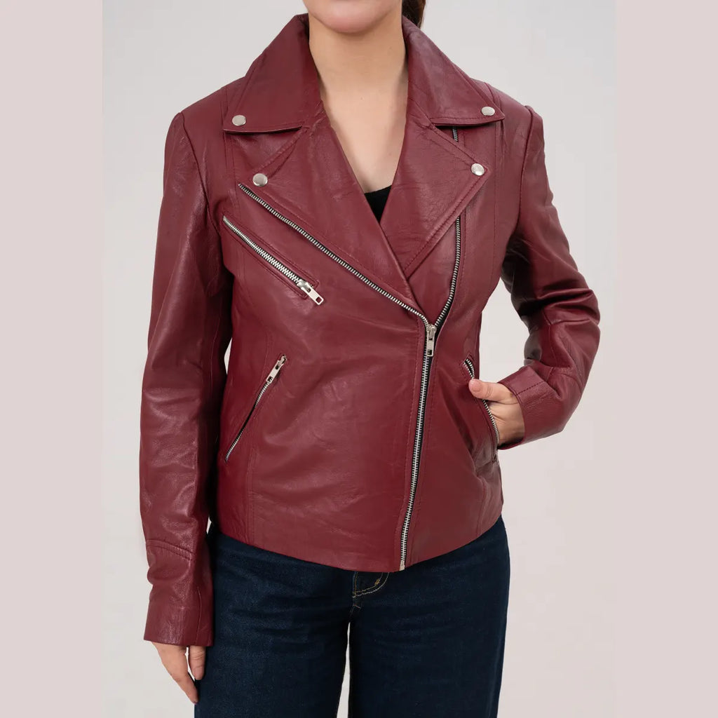 Helen Women’s Maroon Double Rider Biker Leather Jacket