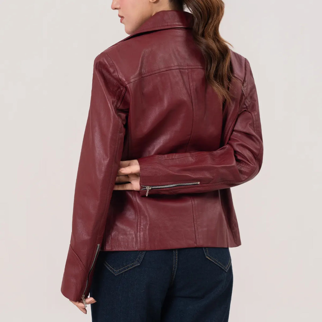 Helen Women’s Maroon Double Rider Biker Leather Jacket