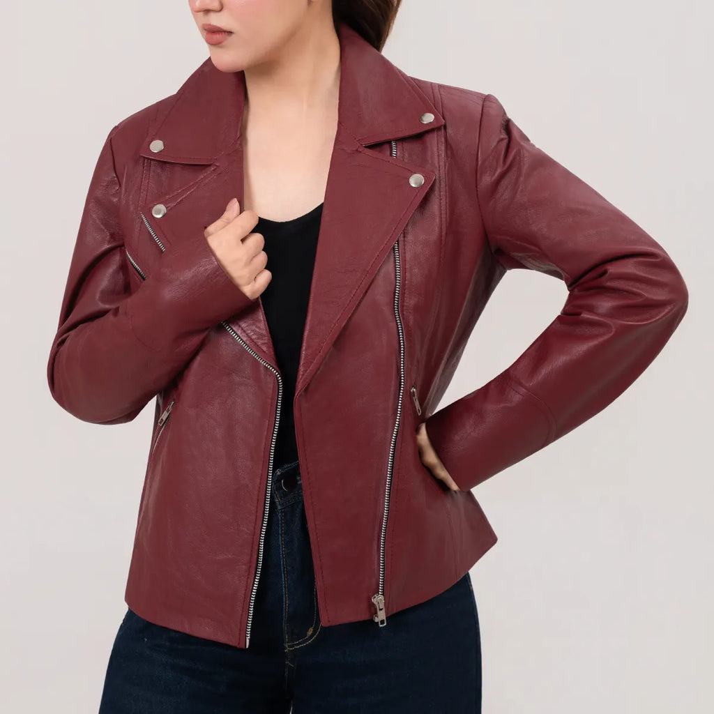 Helen Women’s Maroon Double Rider Biker Leather Jacket