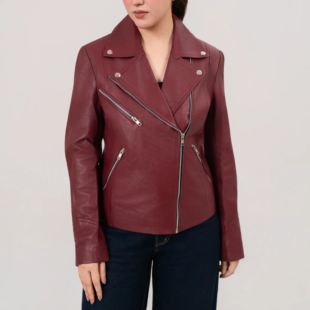 Helen Women’s Maroon Double Rider Biker Leather Jacket