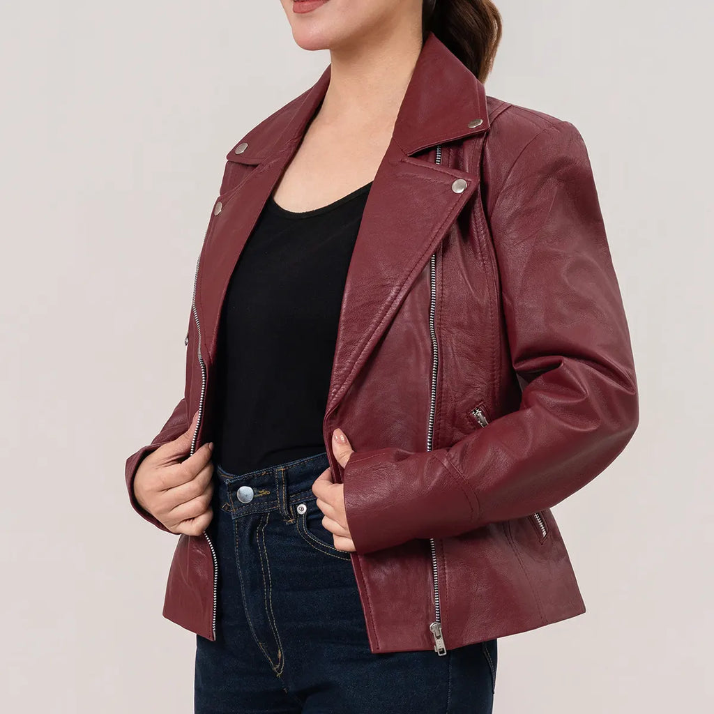Helen Women’s Maroon Double Rider Biker Leather Jacket