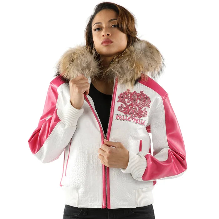 White Pink Women Leather Jacket | Fur Hood