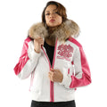 White Pink Women Leather Jacket | Fur Hood