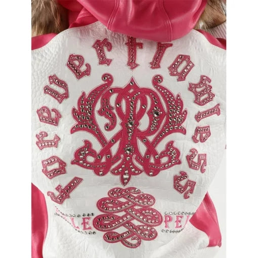White Pink Women Leather Jacket | Fur Hood