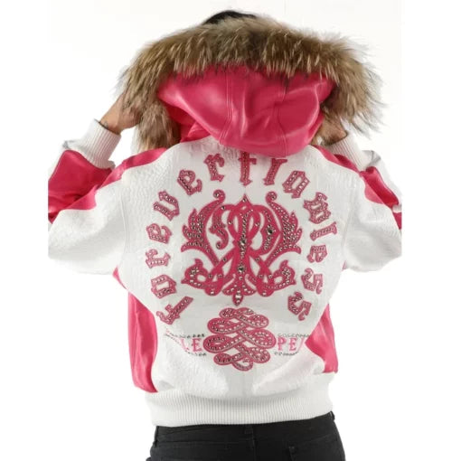 White Pink Women Leather Jacket | Fur Hood