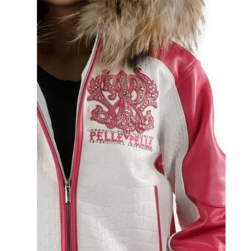 White Pink Women Leather Jacket | Fur Hood