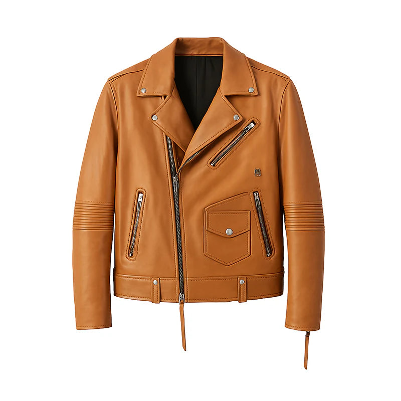 Men's Leather Biker Jacket with Zippers