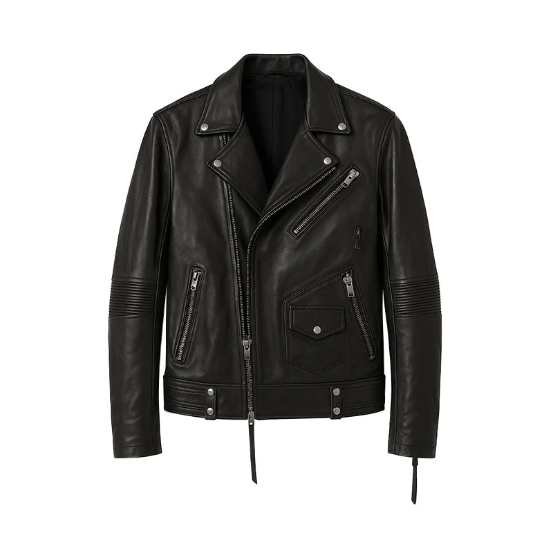 Men's Leather Biker Jacket with Zippers