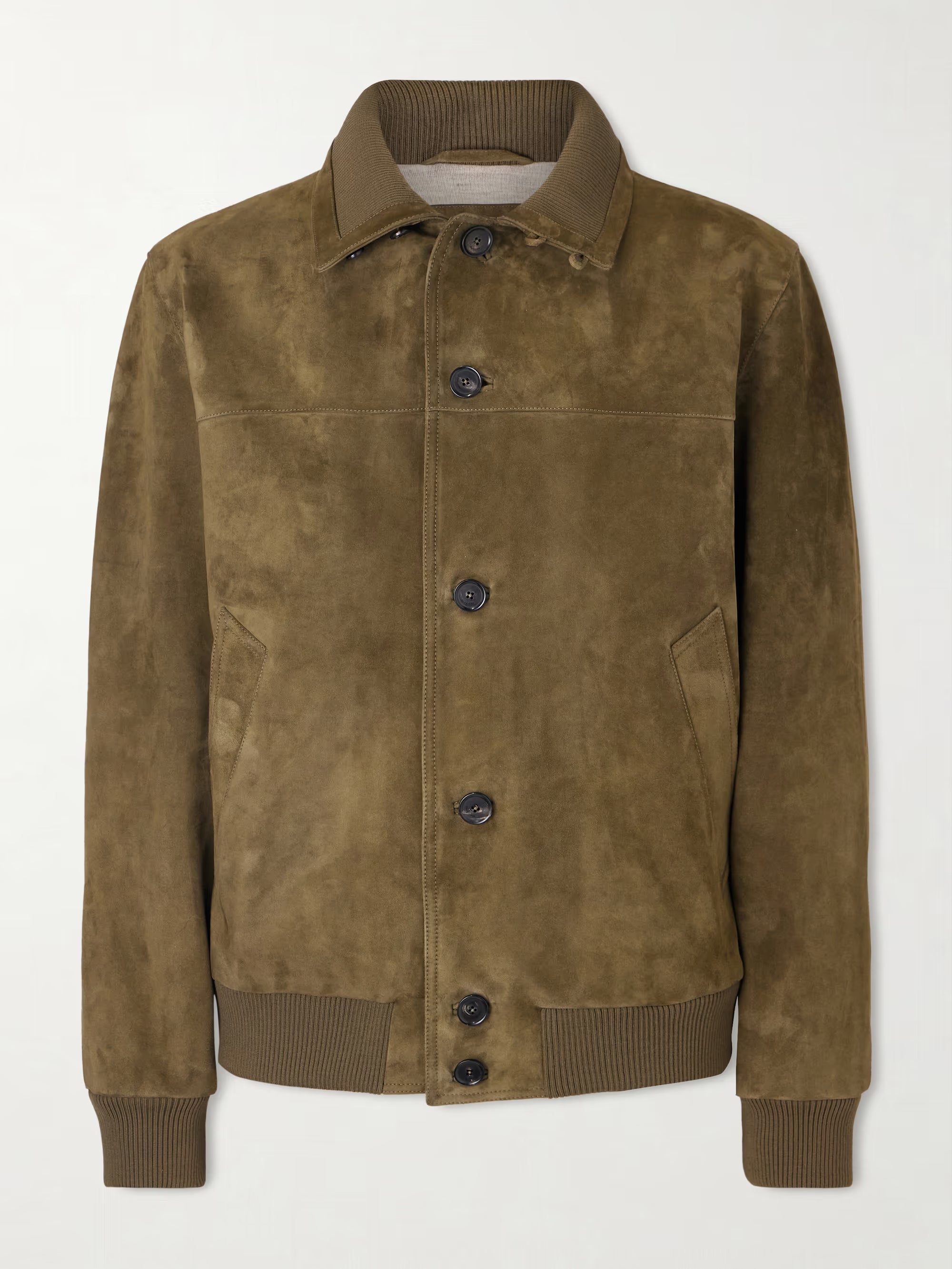 LORO PIANA Ribbed Knit-Trimmed Suede Bomber Jacket