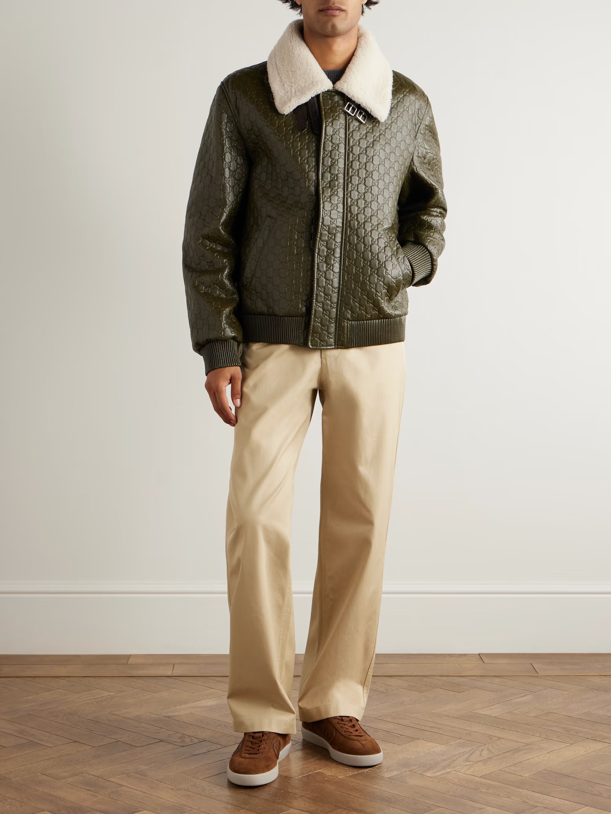 Shearling-Trimmed Logo-Debossed Leather Jacket