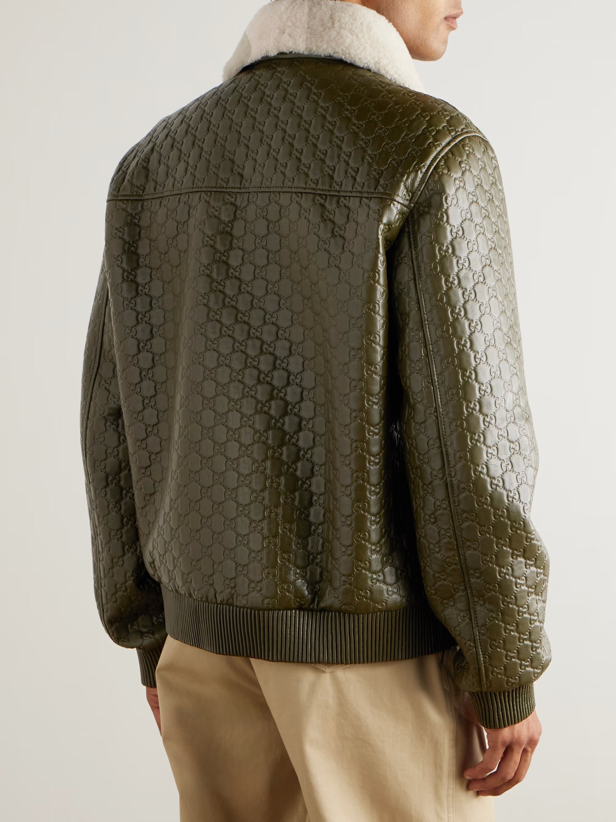 Shearling-Trimmed Logo-Debossed Leather Jacket