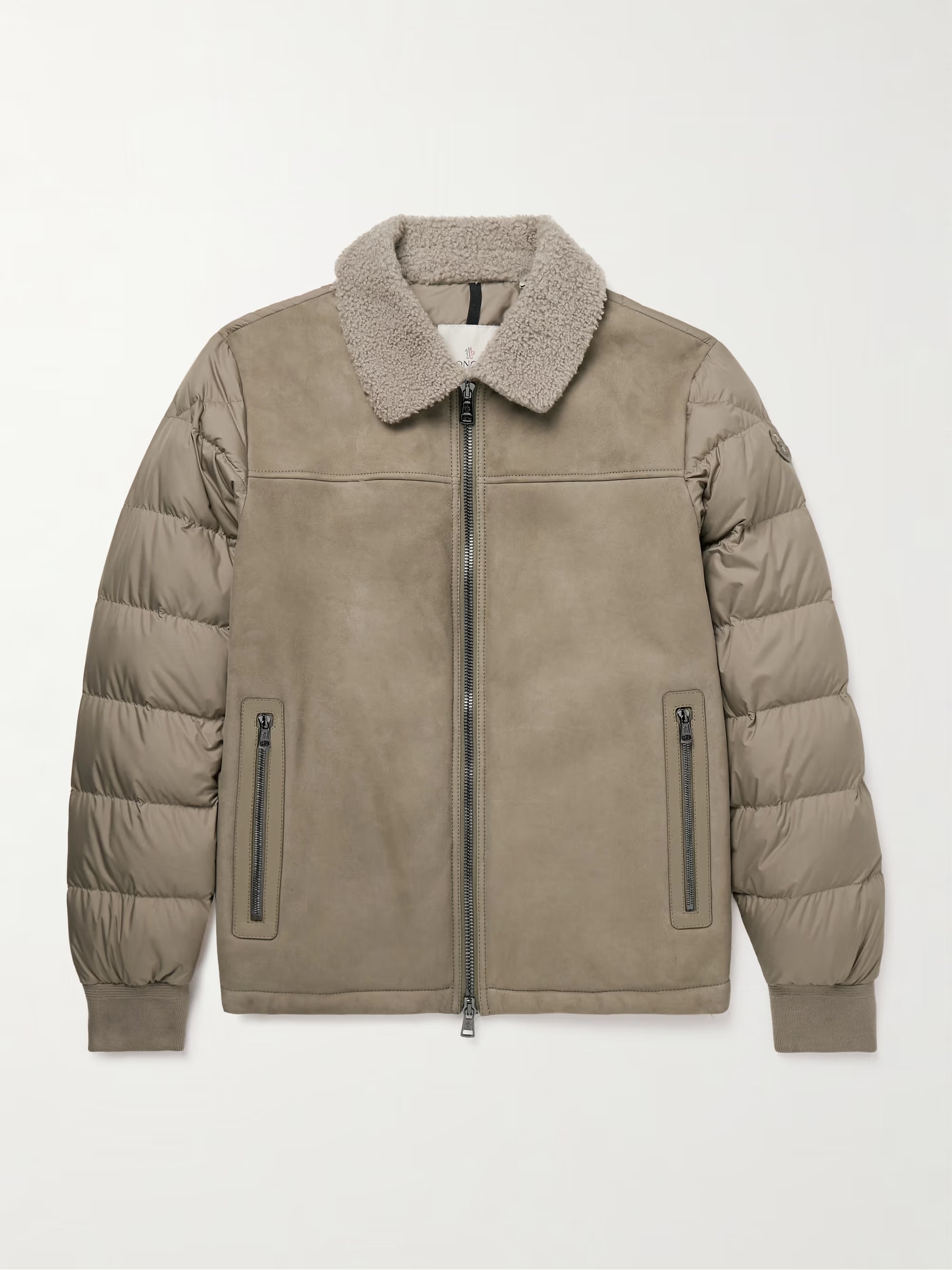 MONCLER Jumeaux Logo-Appliquéd Shearling and Leather-Trimmed Suede and Quilted Shell Down Jacket