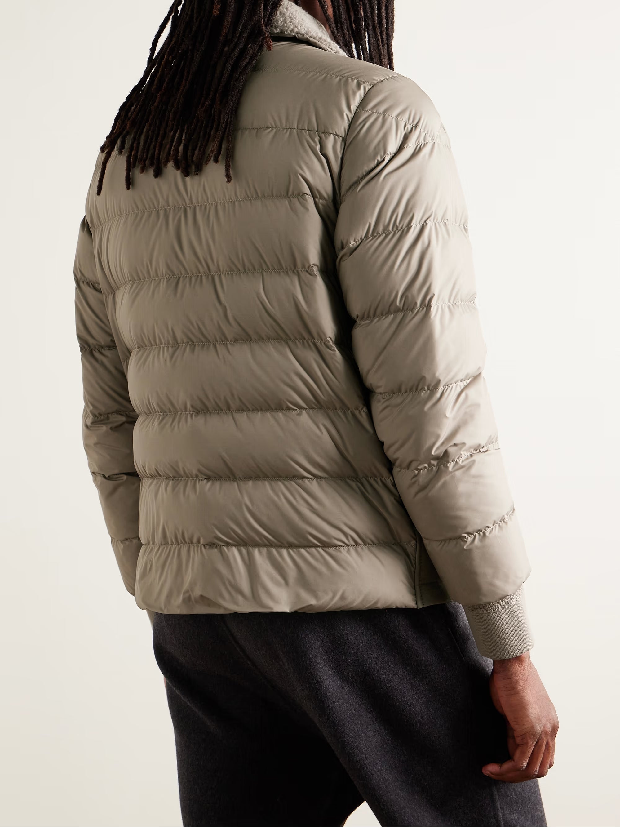 MONCLER Jumeaux Logo-Appliquéd Shearling and Leather-Trimmed Suede and Quilted Shell Down Jacket
