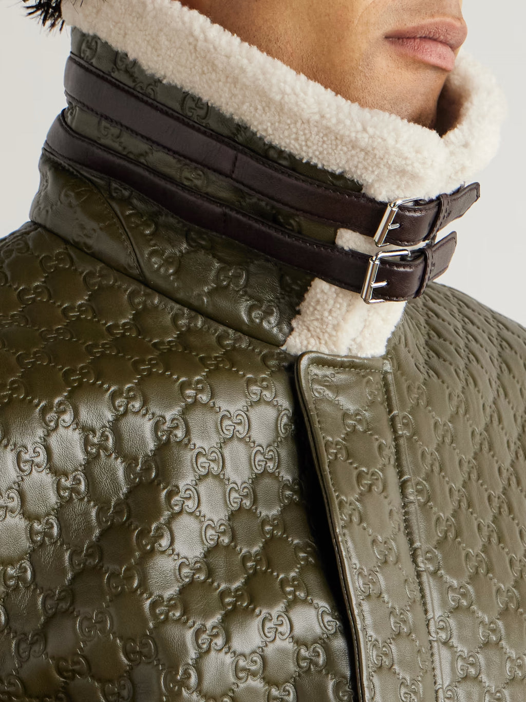 Shearling-Trimmed Logo-Debossed Leather Jacket