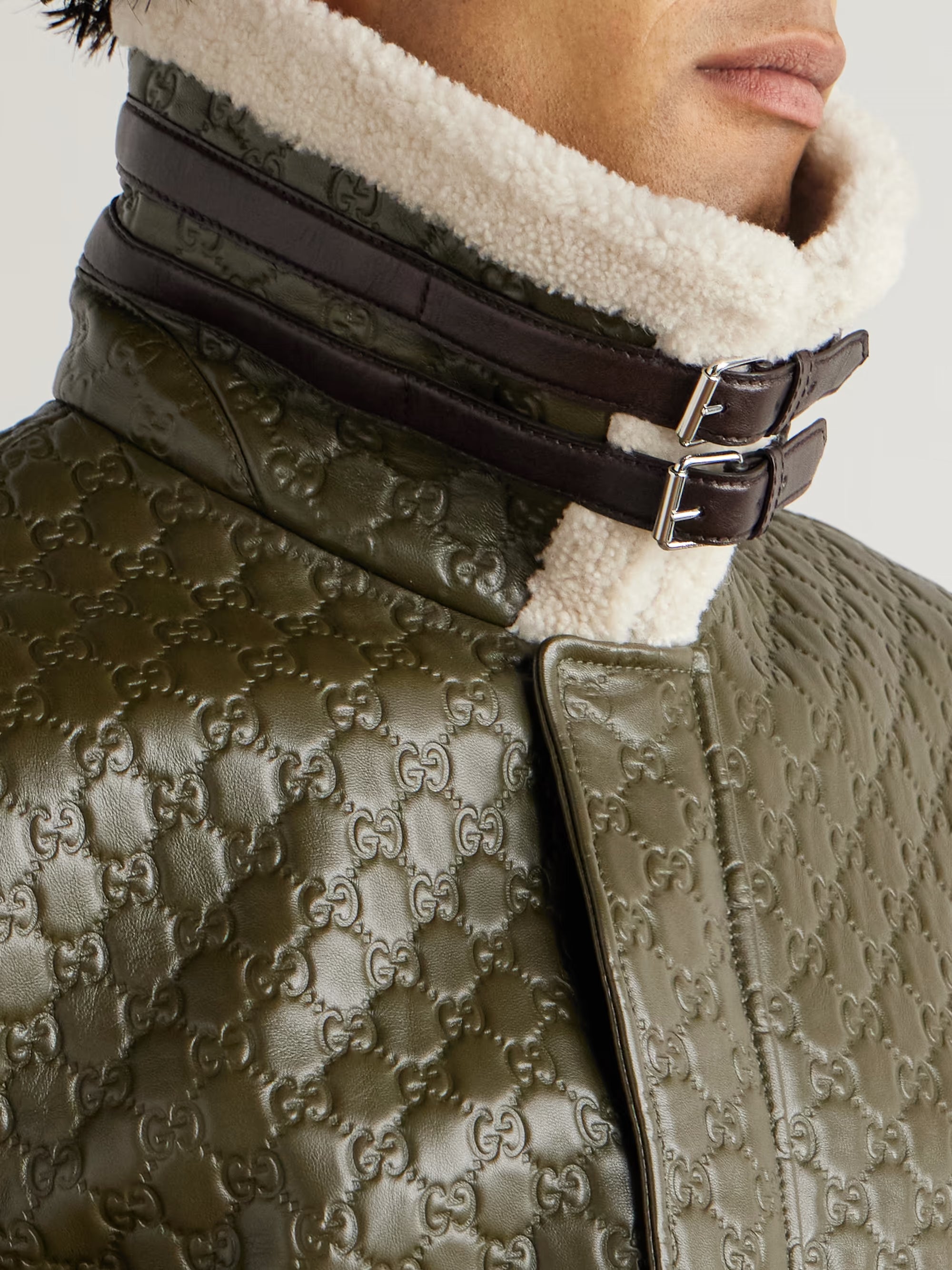 Shearling-Trimmed Logo-Debossed Leather Jacket