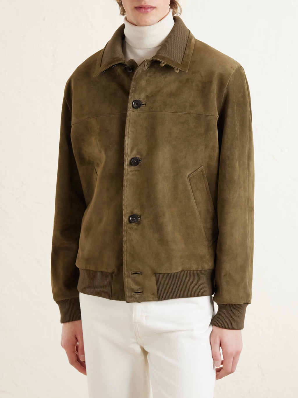 LORO PIANA Ribbed Knit-Trimmed Suede Bomber Jacket